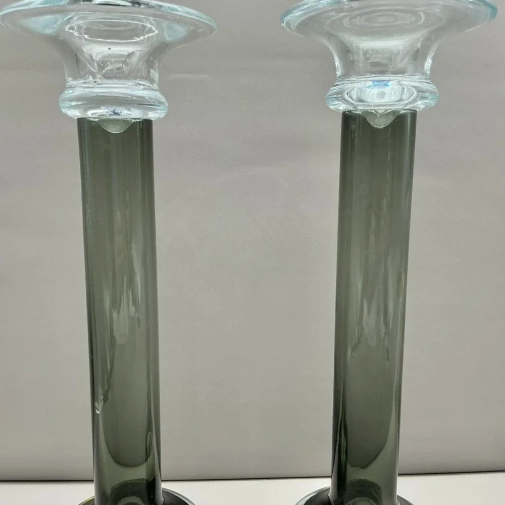 Mikasa Southport Glass Candlesticks Pair Black Clear Taper Candle Holders 11.75